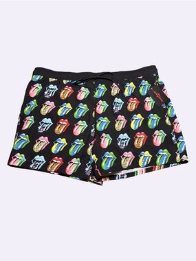 the Rolling Stones Black Swim Shorts with Multicolor Tongue Print